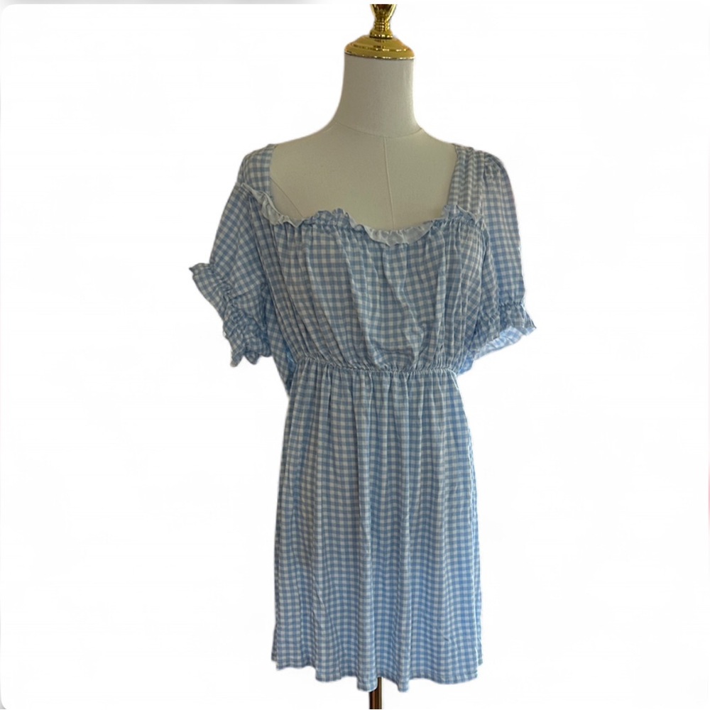 Light Blue Gingham Puff Sleeve Smocked Waist Dresses